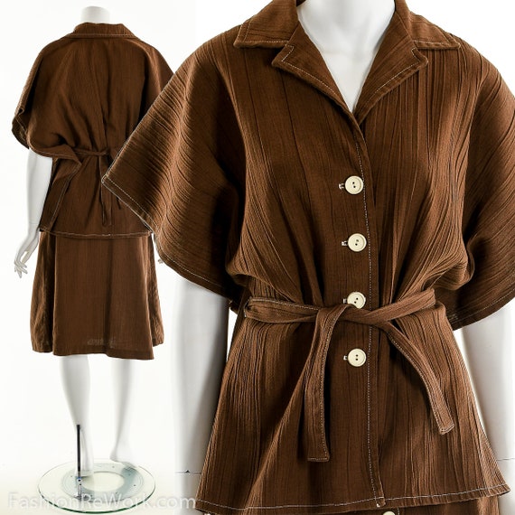Gauze Two Piece Set, Brown Gauze Dress, Poncho Wra