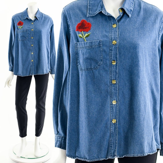 Huge Embroidered Rose Chambray,Indigo Chambray Bu… - image 3