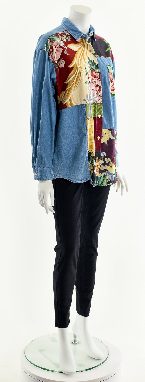 Patchwork Chambray Blouse,Asymmetric Patch Top,Vi… - image 4