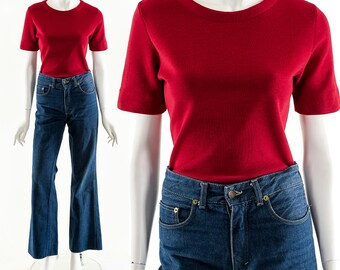 Cherry Knit Top,Cherry Red Sweater Top,50s Sweater Shirt,Vintage 1950's Knit Top,Audrey Hepburn Style,Retro Mod Top,Red Scoop Neck Top