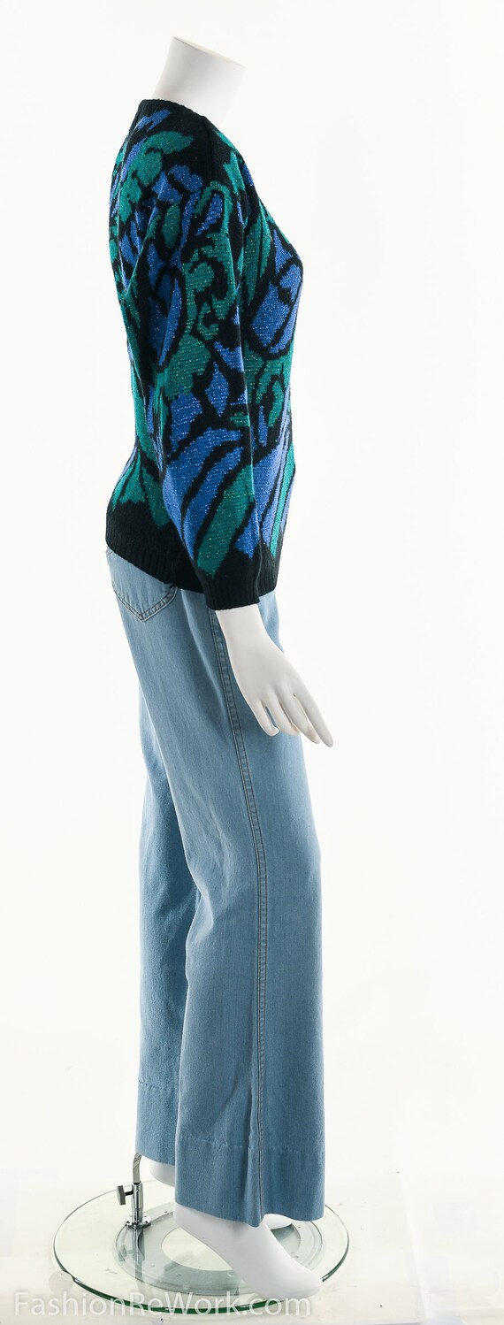 Abstract Peacock Metallic Funky Sweater 80s 90s - image 4