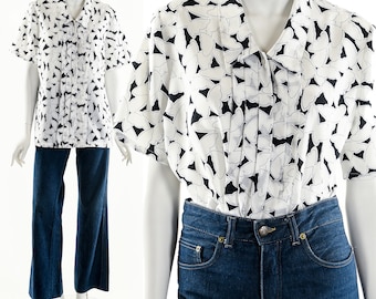 Butterfly Print Blouse, Vintage Novelty Print Butterfly Top, Tuxedo Blouse, Vintage 70’s Blouse,Graphic Black and White Blouse,Bohemian,Boho