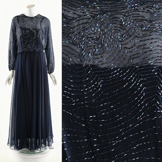 Beaded Navy Blue Chiffon Sweeping Formal Dress Ja… - image 1