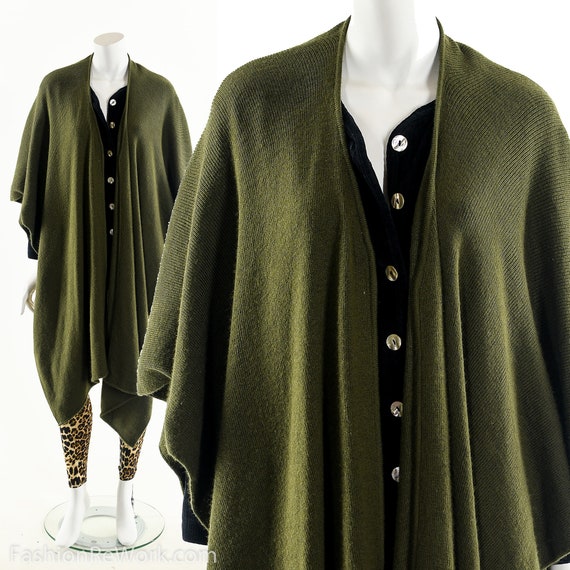 Green Knit Open Poncho,Vintage Sweater Cape,Olive… - image 8