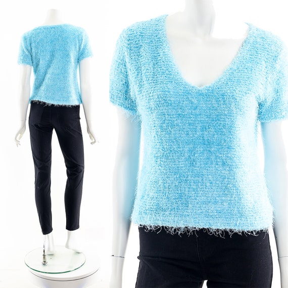 Aqua Blue Shag Knit Top,Y2K Fuzzy Blouse,Y2K Stre… - image 3