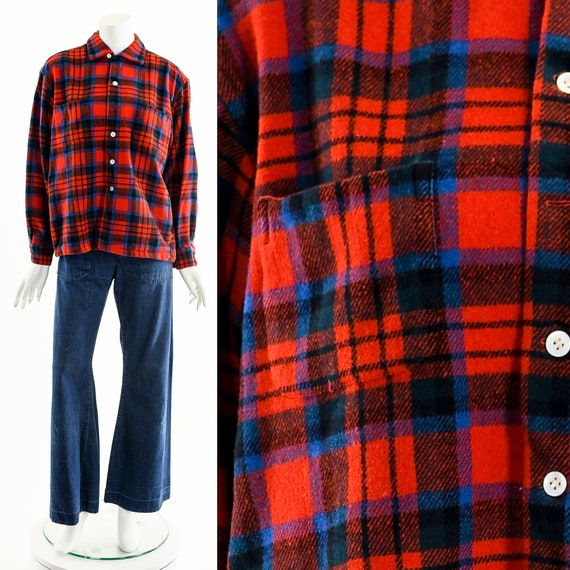 Wool Plaid Button Down,Vintage Checkered Blouse,R… - image 1