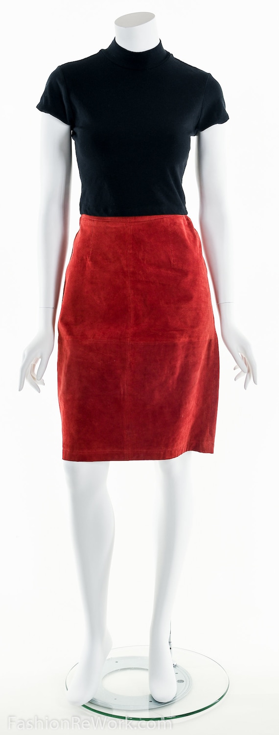 Red Skirt, Red Pencil Skirt, Patchwork Leather Pe… - image 10