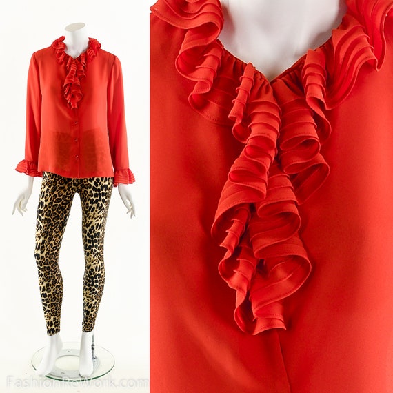 Red Ruffle Blouse,Prince Top,Vintage Romantic Blou