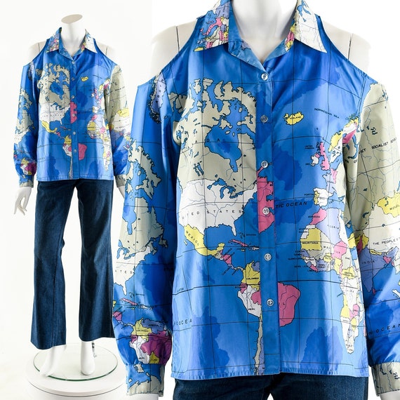 World Map Blouse,Cold Shoulder Vintage Map Shirt,… - image 2