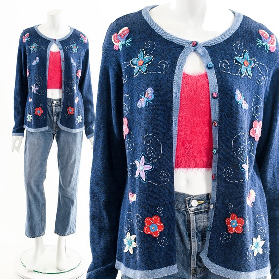 Butterfly Flower Cardigan,Floral Patchwork Appliq… - image 2