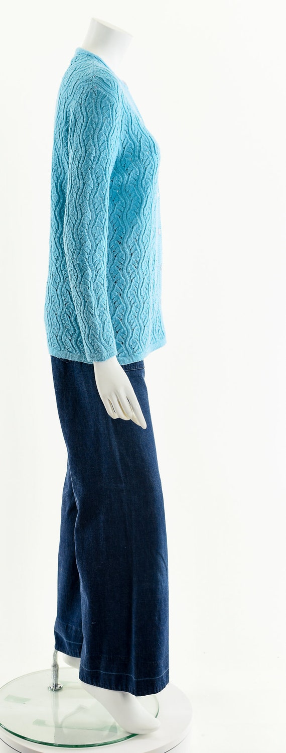 60's Turquoise Wavy Knit Cardigan Sweater - image 5