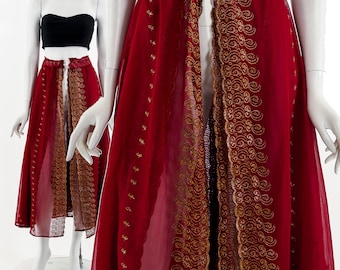Deep Red and Gold Embroidered Elastic Skirt Overlay