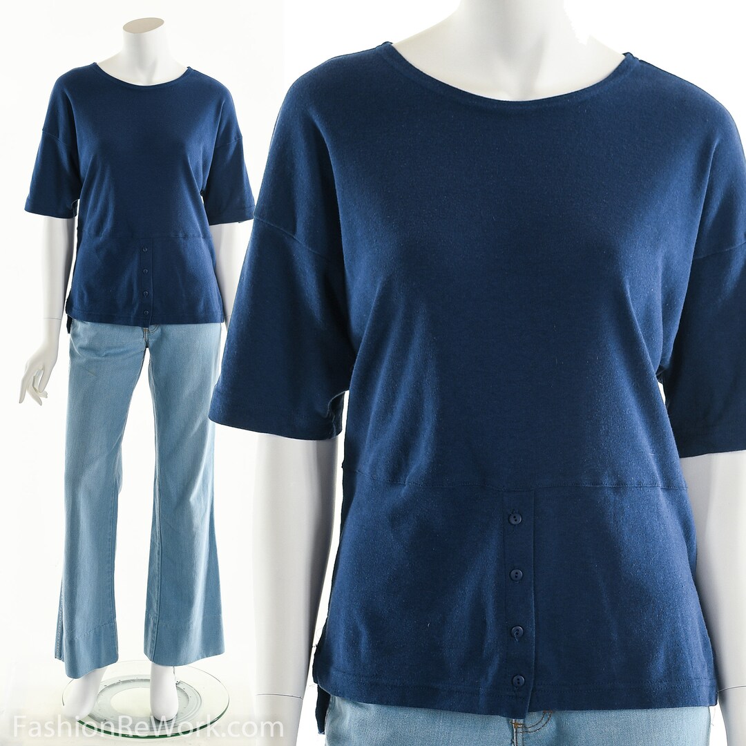 Blue Button up T-shirt 80s - Etsy