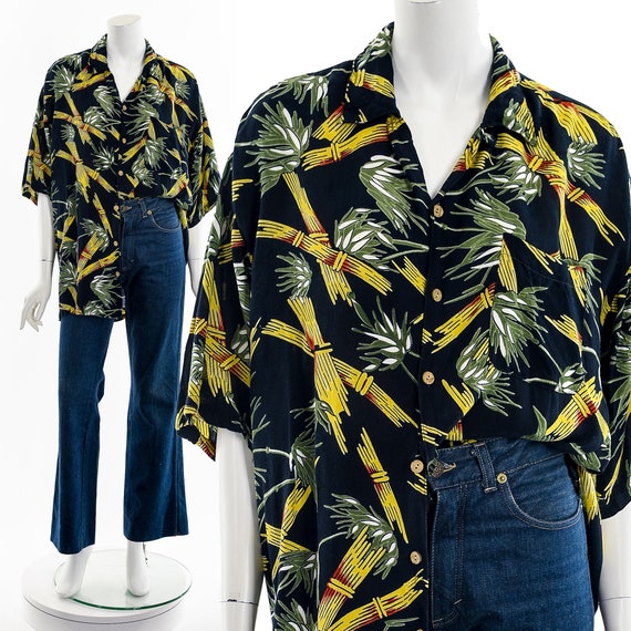 80s-90'S Reyn Spooner Diamond Head Tag All-Over Pattern Open Collar Hawaiian Aloha Shirt Women's L Size Rayon navy blue type Vintage Second Hand