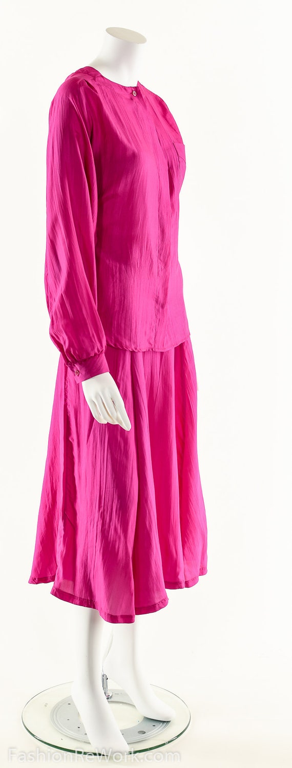 Silk Two Piece Dress Set,Magenta Silk Dress,80s V… - image 3