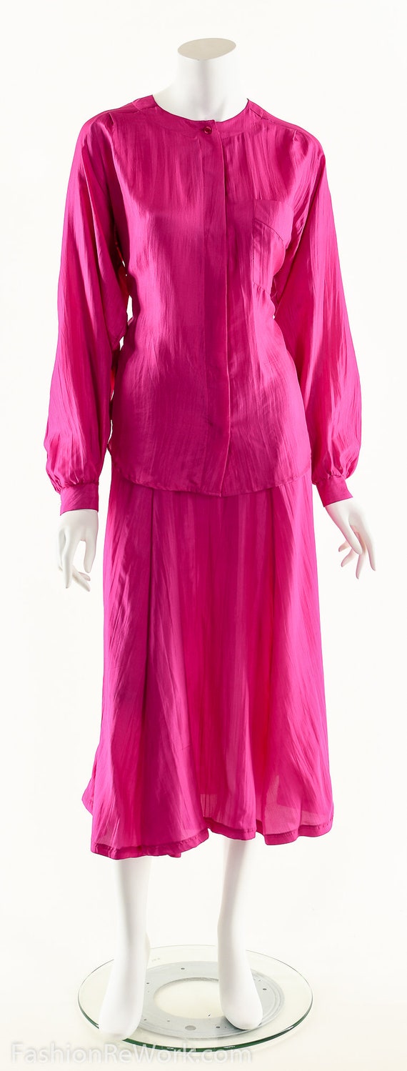 Silk Two Piece Dress Set,Magenta Silk Dress,80s V… - image 9