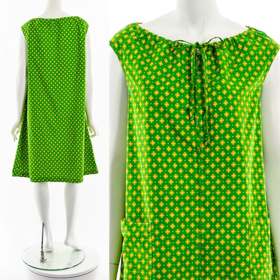 Lime Green Daisy Cotton Shift Dress - image 3