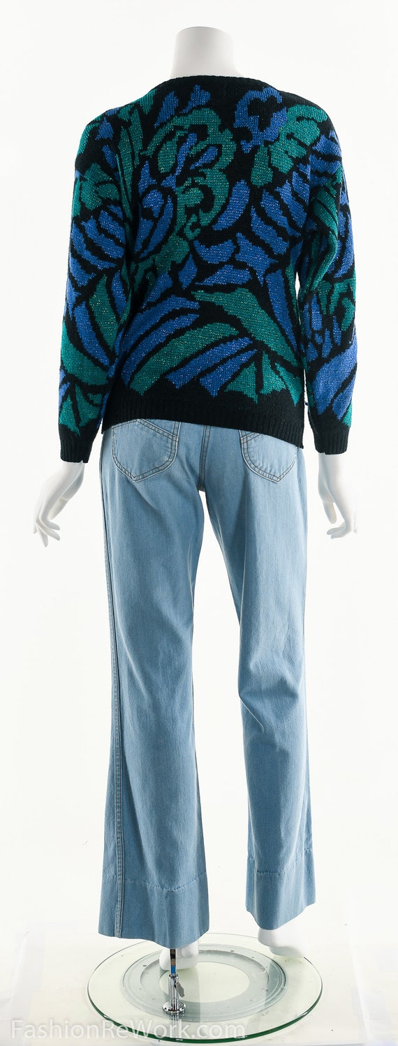 Abstract Peacock Metallic Funky Sweater 80s 90s - image 5