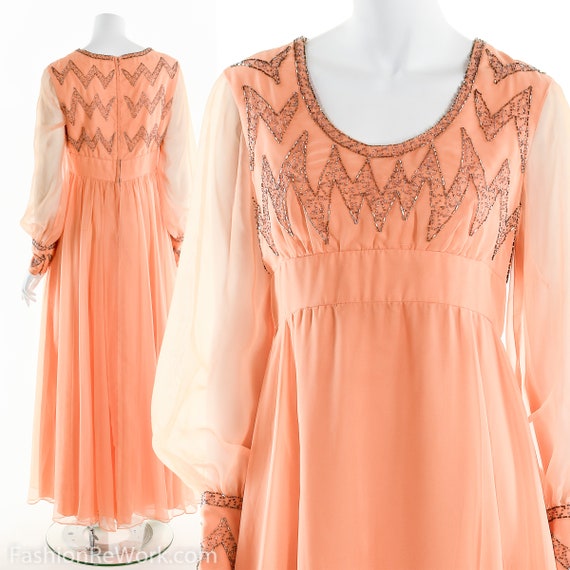 Chiffon Maxidress, 60's Chiffon Dress, Peach Dress