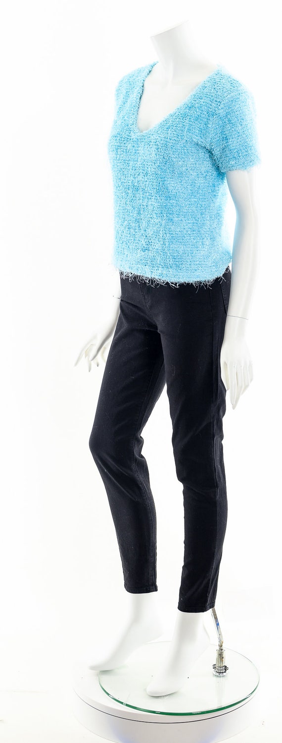 Aqua Blue Shag Knit Top,Y2K Fuzzy Blouse,Y2K Stre… - image 10