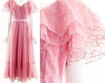Raspberry Pink Sheer Ruffle Dress,Sheer Lace PInk Gown,60s Gone with the Wind Style,Pink Boho Dress,Bohemian Bridal Dress,Engagement Dress