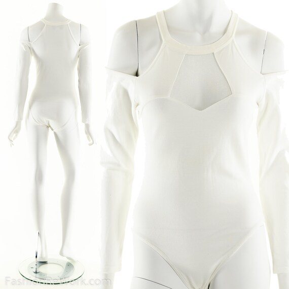 White Bodysuit,Cold Shoulder Bodysuit,90's Cutout