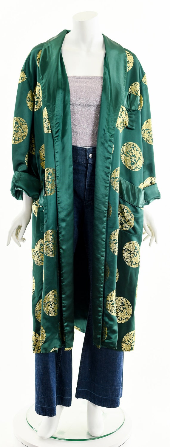 Emerald Green Silk Duster,Green Gold Kimono,Asian… - image 4