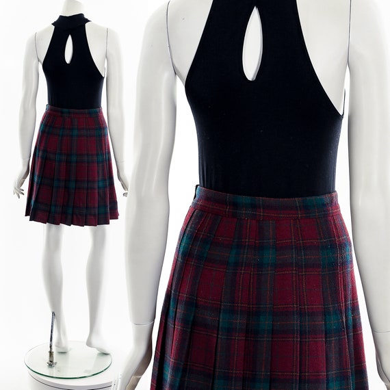 Red + Green Tartan Wool Pleated Skirt - image 2