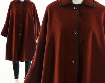 Red Wool Cape , Red Wool Coat ,60's Wool Poncho Coat , Vintage 60's Wool Coat,Vintage 60's Coat, Red Coat