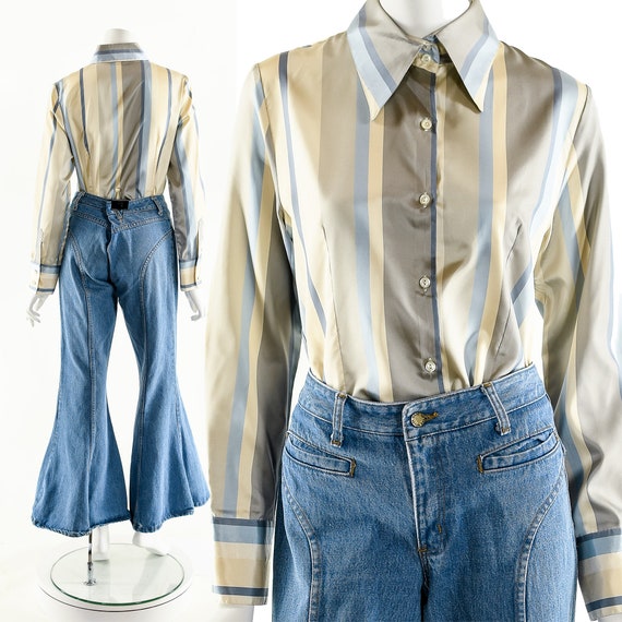 Striped Silky Blouse,Dandy Inspired Blouse,Menswe… - image 3