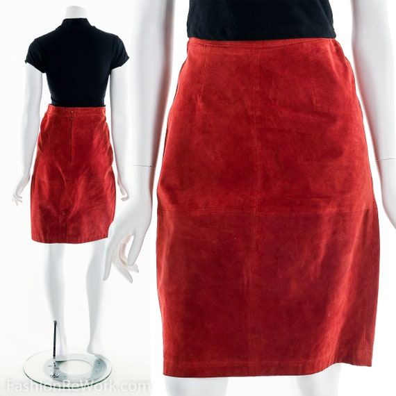 Red Skirt, Red Pencil Skirt, Patchwork Leather Pe… - image 2