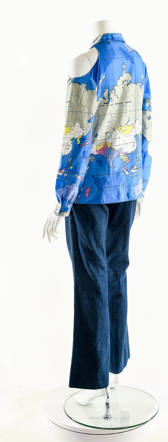 World Map Blouse,Cold Shoulder Vintage Map Shirt,… - image 8