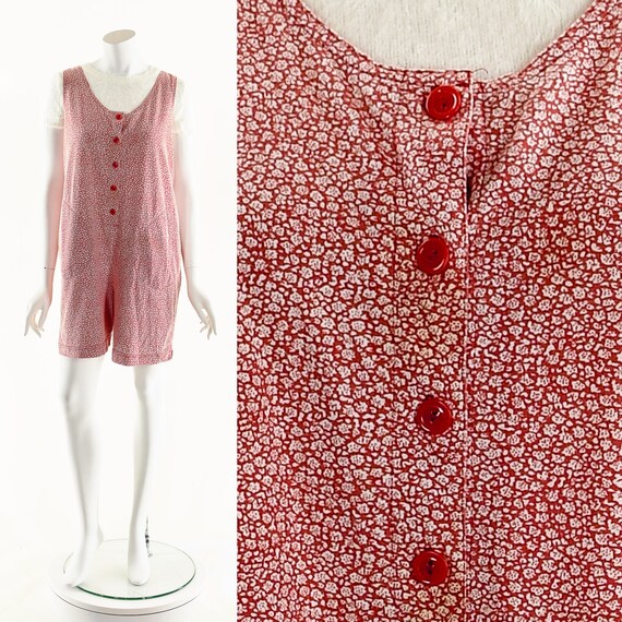 Red Floral Romper,Vintage Flower Jumpsuit,Oversize