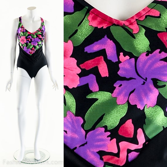 Neon Tropical Swimsuit,Vintage 80s Swimsuit,Tropi… - image 1