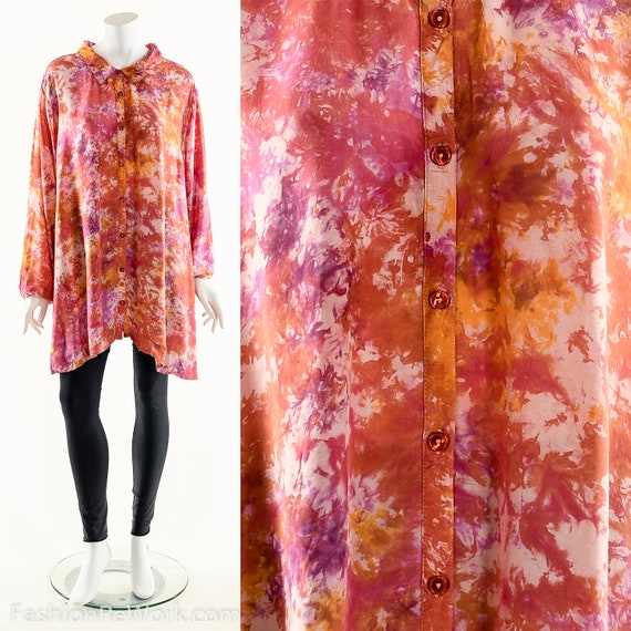 Tie Dyed Button Down Blouse, Tie Down Top, Oversiz