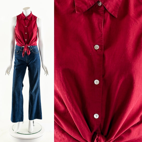 Red Linen Blouse,Red Sleeveless Top,Vintage Gap T… - image 3