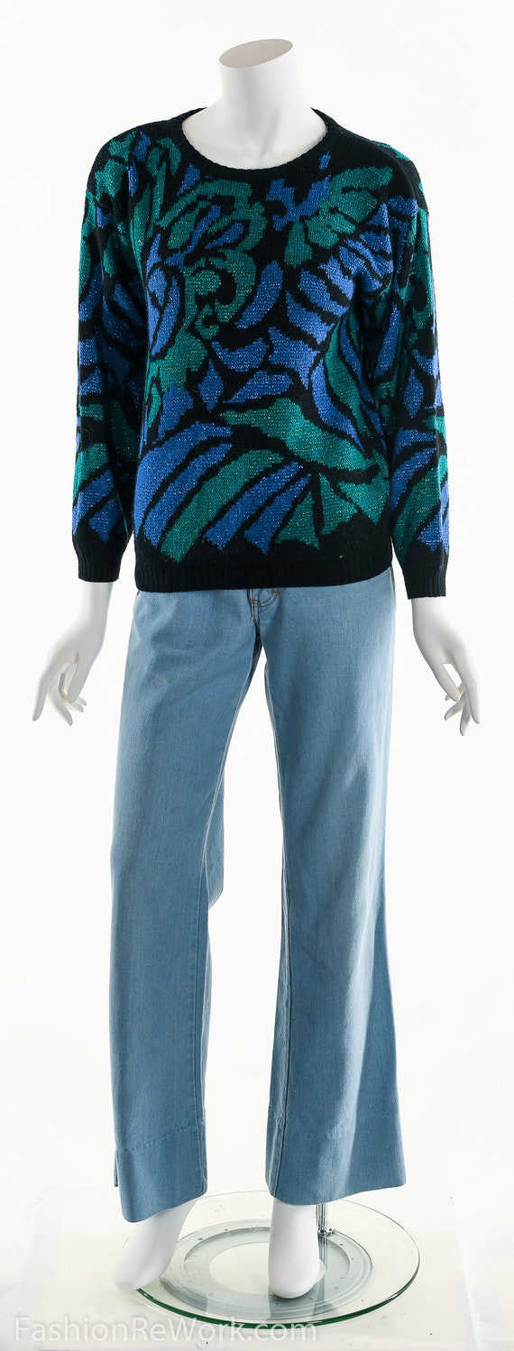 Abstract Peacock Metallic Funky Sweater 80s 90s - image 2