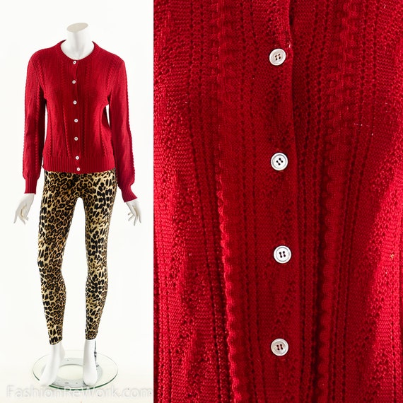 Red Cardigan Sweater,Cable Knit Sweater,50s Retro… - image 8