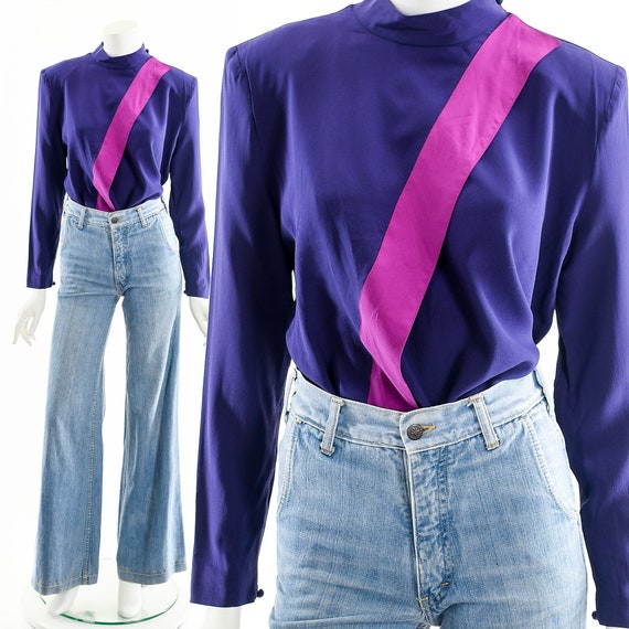 Jacques Molko Silk Blouse,Colorblock Silk Top,Jew… - image 1