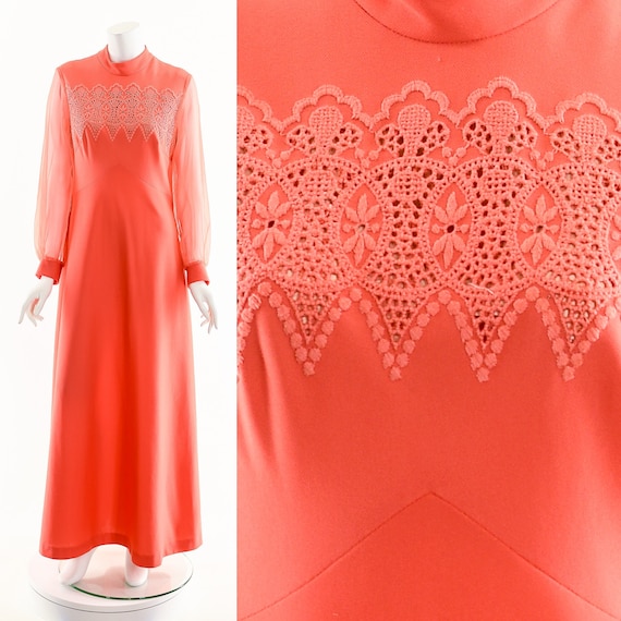 Coral Lace Chiffon Dress,60s Pink Orange Dress,Ba… - image 1