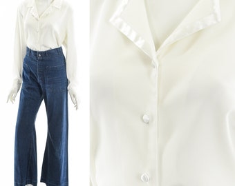 satin trim white button down blouse,tuxedo inspired blouse,menswear inspired top,white button down top,white secretary blouse