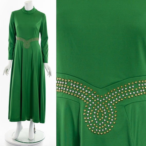 60's Kelly Green Studded Maxi Dress - image 3