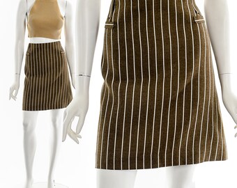 60s Brown and White Striped A-Line Mini Skater Skirt