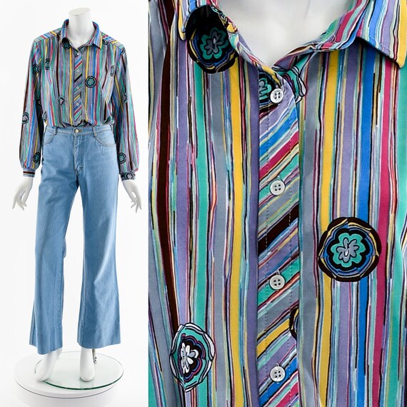 Rainbow Abstract 70s Button Up - image 3
