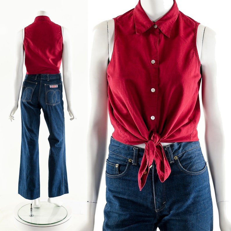 Red Linen Blouse,Red Sleeveless Top,Vintage Gap Tank Top,Vintage Linen Top,Collared Red Blouse,Dark Red Top,90s Minimalist Style,Tank Top image 2