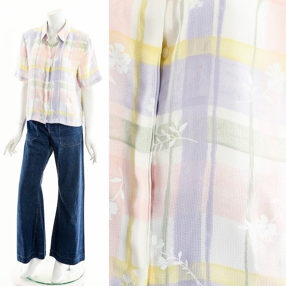 Pastel Rainbow Floral Plaid Blouse