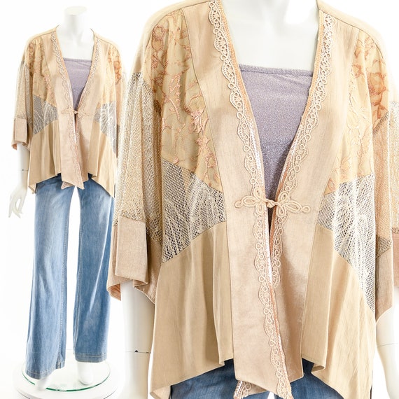 Patchwork Silk Kimono,Lace Inset Kimono,Romantic … - image 1
