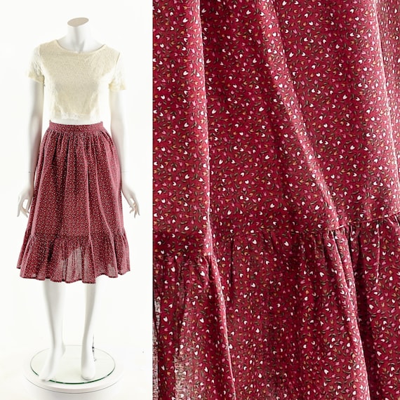 Red Prairie Skirt,Calico Floral Skirt,High Waist S