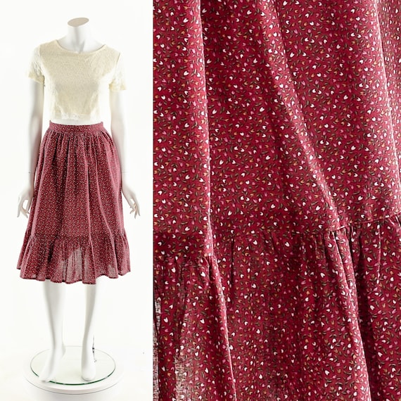 Red Prairie Skirt,Calico Floral Skirt,High Waist … - image 1