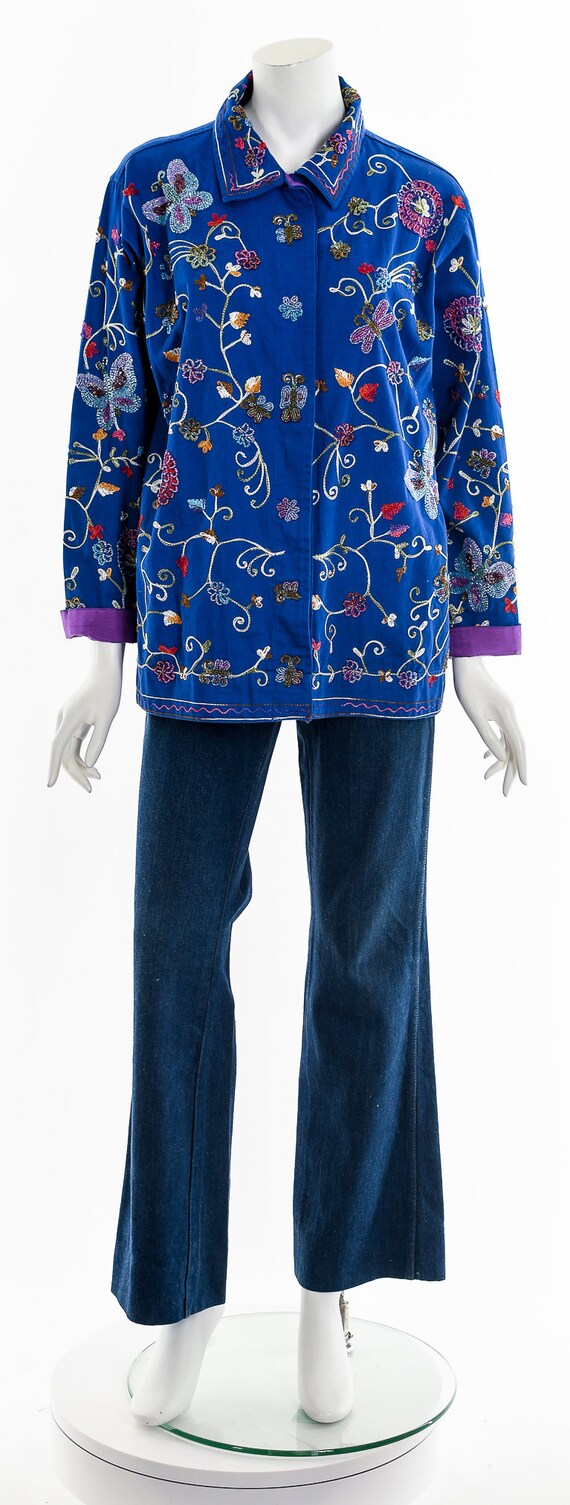 Blue Beaded Butterfly Embroidered Chore Coat - image 4